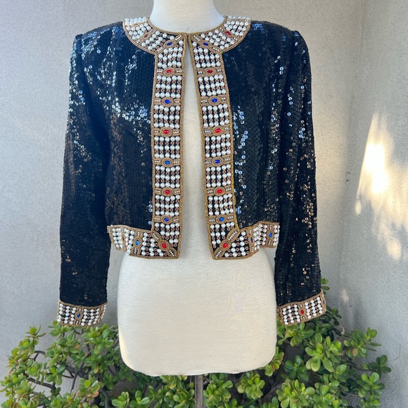 Vintage glam black sequins bolero style jacket colorful beaded trim Sm NiteLine - Picture 6 of 11